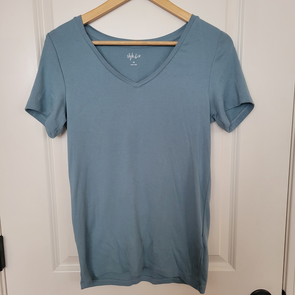 Stylish V-Neck Tee in Dusty Blue - Women's Top